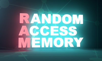 Acronym RAM - Random Access Memory. Technology conceptual image. 3D rendering. Neon bulb illumination