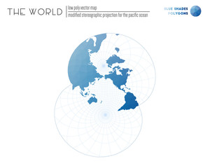 Triangular mesh of the world. Modified stereographic projection for the Pacific Ocean of the world. Blue shades colored polygons. Awesome vector illustration.