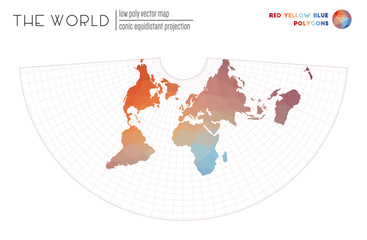 World map in polygonal style. Conic equidistant projection of the world. Red Yellow Blue colored polygons. Beautiful vector illustration.