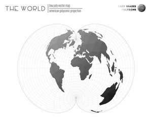 World map in polygonal style. American polyconic projection of the world. Grey Shades colored polygons. Elegant vector illustration.