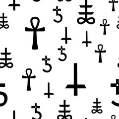 Occultism print with gothic magic signs - cross. Seamless pattern. Linear black drawing.