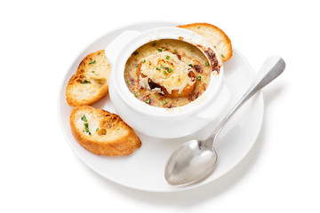 Homemade French onion soup with toasted baguette and melted cheese. isolated on white background