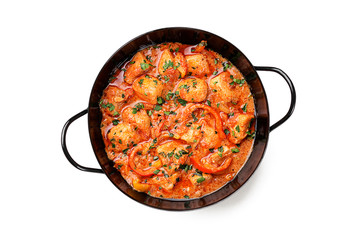 Fish Stew cooked in a delicious  rich and fragrant broth, topped with fresh parsley and served with  rice. isolated on white background