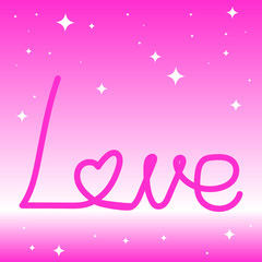 Love poster. Banner for Valentine's Day. Lettering love on a pink background with asterisks. Vector illustration.