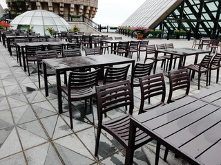 Street cafe table and chairs european style. Top horizontal view eating outside and take away concept.