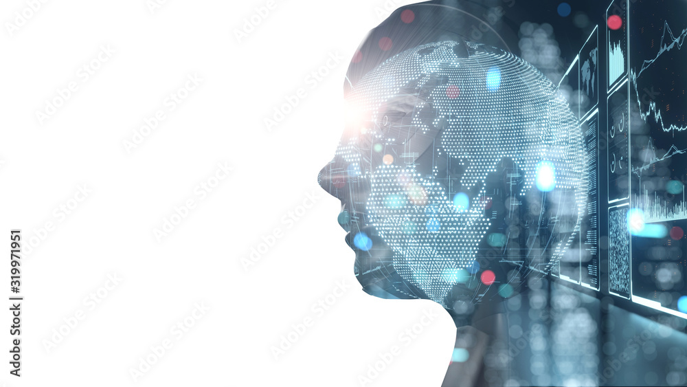 Poster 3d rendering of female robot head with dark metallic material overlay with digital binary data and b