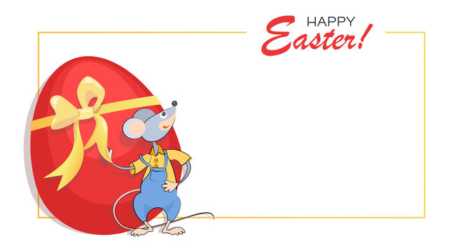 Easter background, frame. Easter red egg and funny mouse. Christ is risen. Christ is risen. Vector illustration on a white background with place for text.