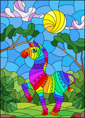 Illustration in stained glass style with cute rainbow Zebra on the background of green trees of cloudy sky and sun