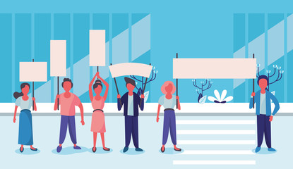 group of activist people protesting on the city