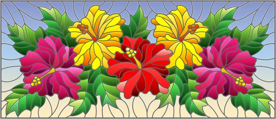 Plexiglas foto achterwand Illustration in stained glass style with flowers and leaves  of hibiscus on a blue background © Zagory