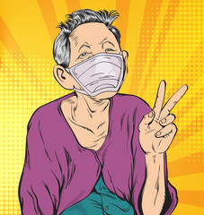 Old women are comfortable using the anti-pollution mask. Pop art  retro vector illustration comic. Separate images of people from the background.
