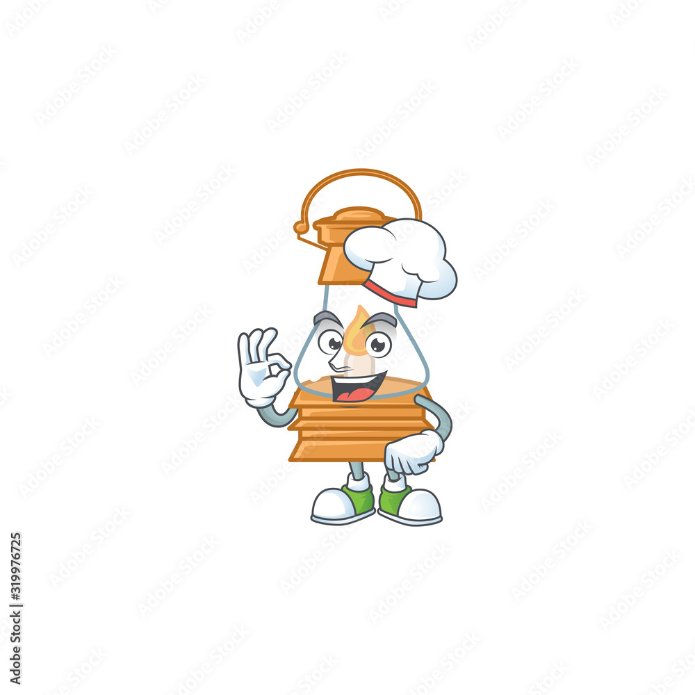 Wall mural Oil lamp cartoon character wearing costume of chef and white hat