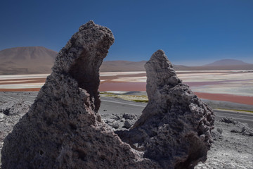 geometric special stone in front of red lagoon in the bolivian highlands. Salt lake in the andes