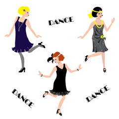 Obraz premium he 1920s in charleston dance pose. Beautiful blonde, brunette and redhead in flat style on a white background. Set for posters, invitations to retro parties