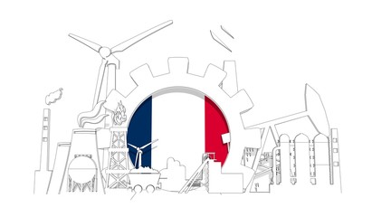 Fototapeta premium Energy and power industrial concept. Gear with flag of the France. Energy generation and heavy industry. 3D rendering. Thin line style