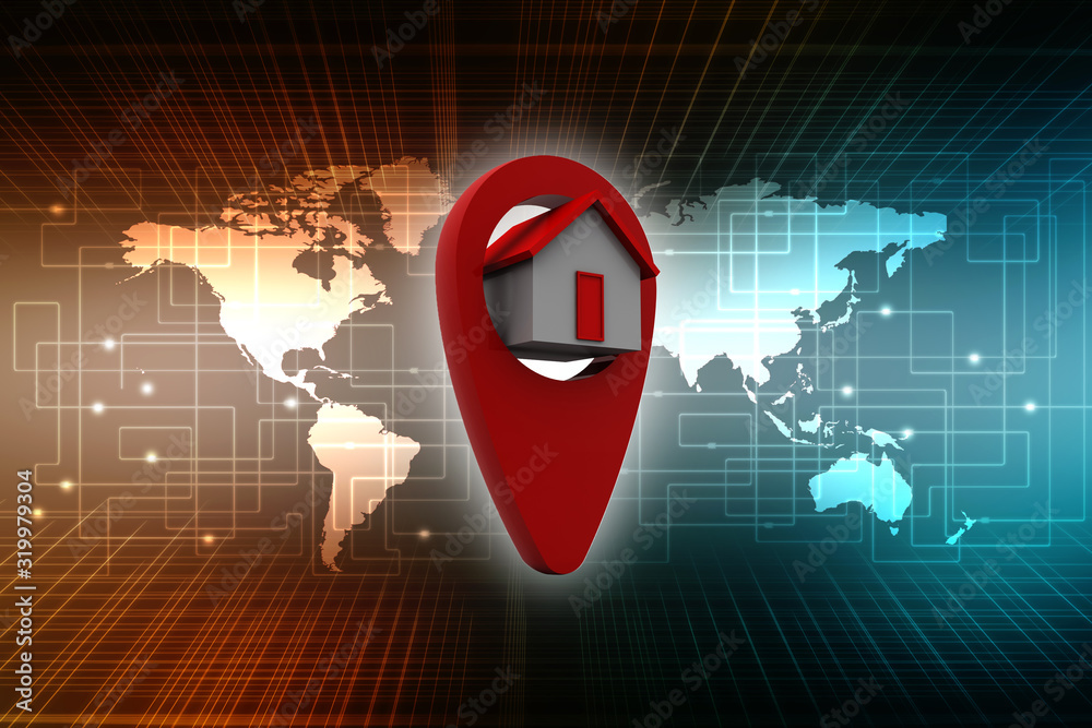 Poster 3d illustration search for property.a map with large red gps pointer containing