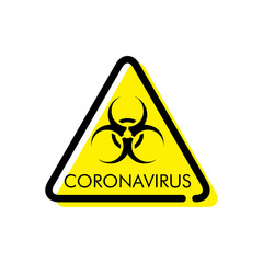 Se&ntilde;al de peligro biol&oacute;gico. Icono lineal se&ntilde;al de tr&aacute;fico triangular con s&iacute;mbolo biohazard y texto CORONAVIRUS con color amarillo