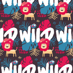 Seamless animal cute tropical wild pattern with lion, bird, leaves, plants and graphic elements