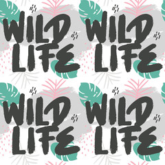 Seamless cute wild vector tropical pattern with leaves, plants, branches and graphic elements, wildlife