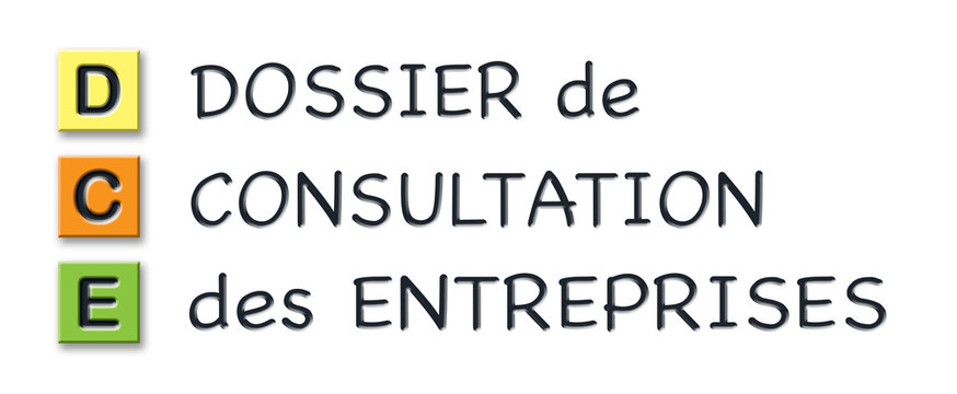 DCE initials in colored 3d cubes with meaning in french language