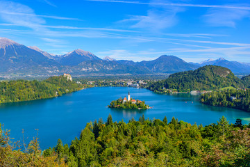 Aerial view of Bled Island and Lake Bled from Osojnica Hill, a popular tourist destination in...