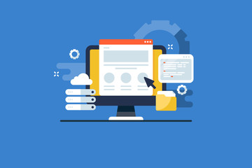 Website server hosting, online secure storage, cloud computing, domain database service concept. Flat design web banner template.