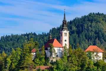 Fototapeta premium Bled Island on Lake Bled, a popular tourist destination in Slovenia