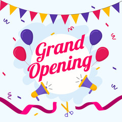 Grand Opening Font with Loudspeakers, Balloons and Ribbon Cutting Scissor on Pastel Blue Background.