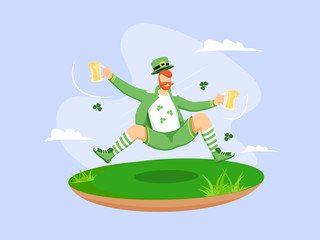 Cartoon Leprechaun Man holding Beer Mugs in Jumping Pose on Garden View and Blue Background.