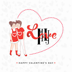 Cute Boy Kissing His Girlfriend with Love You Font on White Heart Pattern Background for Happy Valentine's Day.