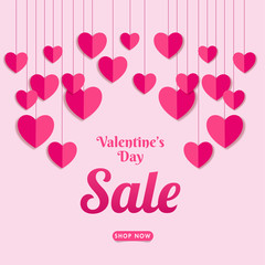 Valentine's Day Sale Poster Design Decorated with Paper Cut Hearts Hang on Pastel Pink Background.