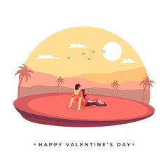 Back View of Young Lover Couple Sitting on Sun Nature Landscape Background for Happy Valentine's Day Celebration Concept.