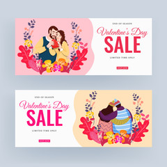 Valentine's Day Sale Header or Banner Design with Lover Couple Character and Floral in Two Color Option.