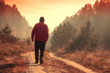 A man walks along a country road in the forest on an early foggy morning towards the sun