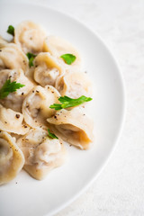 Pelmeni Russian national kitchen. Boiled dumplings with beef. Selective focus. Shallow depth of field.