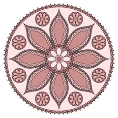 Round mandala with floral pattern in dusty rose colors. Vector drawing.