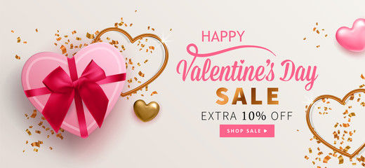 Valentine's day banner template for social media advertising, invitation or poster design with heart shapes and gift box top view.