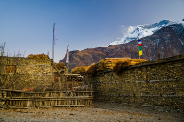 Sunset in Ngawal village. Marshyangdi river valley, Annapurna circuit trek, Nepal.