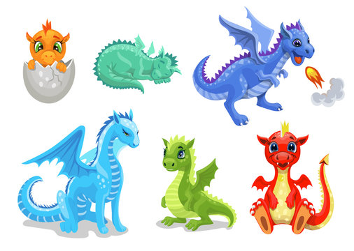Cartoon dragon set. Fairy cute dragonfly icons collection. Baby fire dragon or dinosaur cute characters isolated vector. Fairytale monsters.