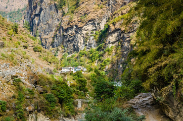 Marshyangdi river valley in autumn sunny day. Annapurna circuit trek, Nepal.