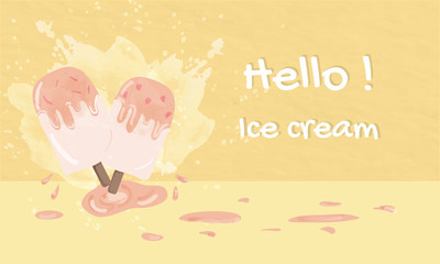 two sweet popsicle ice cream water color design background put on yellow pastel paper.they are melting.dessert lover is happy.cute cover for bakery food yummy shop.decoration with white wording.