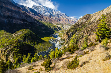 Fototapeta na wymiar Top view of the Marshyangdi river valley, Annapurna circuit trek, Nepal.