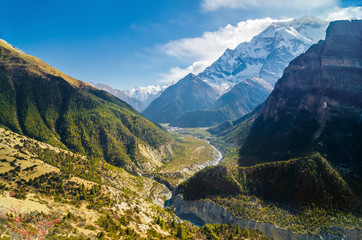 Fototapeta na wymiar Top view of the Marshyangdi river valley near Ghyaru village, Annapurna circuit trek, Nepal.