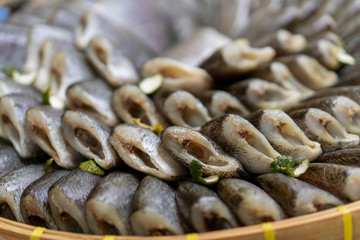 Salted Trichogaster pectoralis fishes in market in Thailand.