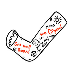 Broken leg cast doodle with positive writings from friends. Injured limb in gypsum plaster. Good get well soon wishes. Media glyph graphic symbol