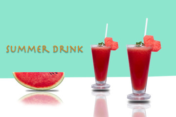 Melon juice blended in a tall glass Summer drink on a white background against a light green