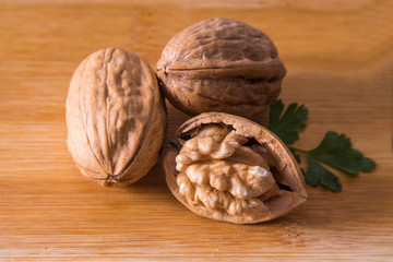 tasty nuts on wooden background