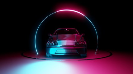 Fototapeta na wymiar Car with neon light circle frames on dark background. 3D illustration