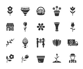 Vector set of flower flat icons. Contains icons of bouquet, flower shop, tulips, rose, flower basket, vase, gardener and more. Pixel perfect.