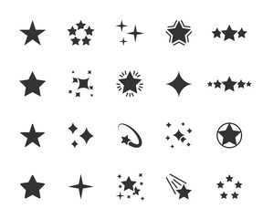 Vector set of star flat icons. Contains icons of five stars, sparkle, twinkle, rating, falling star, starry night and more. Pixel perfect.